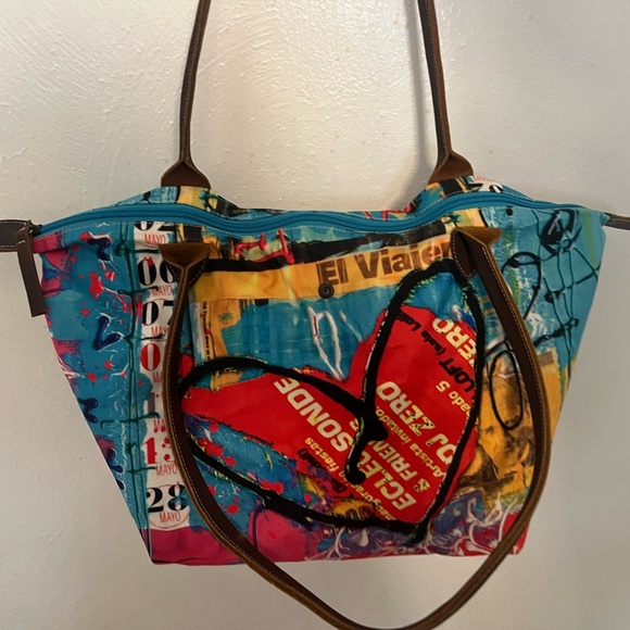 MIPOLY LARGE SCREEN PRINT BAG. Brown leather and fabric material purse. - Picture 4 of 10